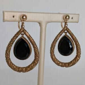 Stephen Dweck Black Onyx Etched Bronze Gold Teardrop Dangle Clip GF Earrings